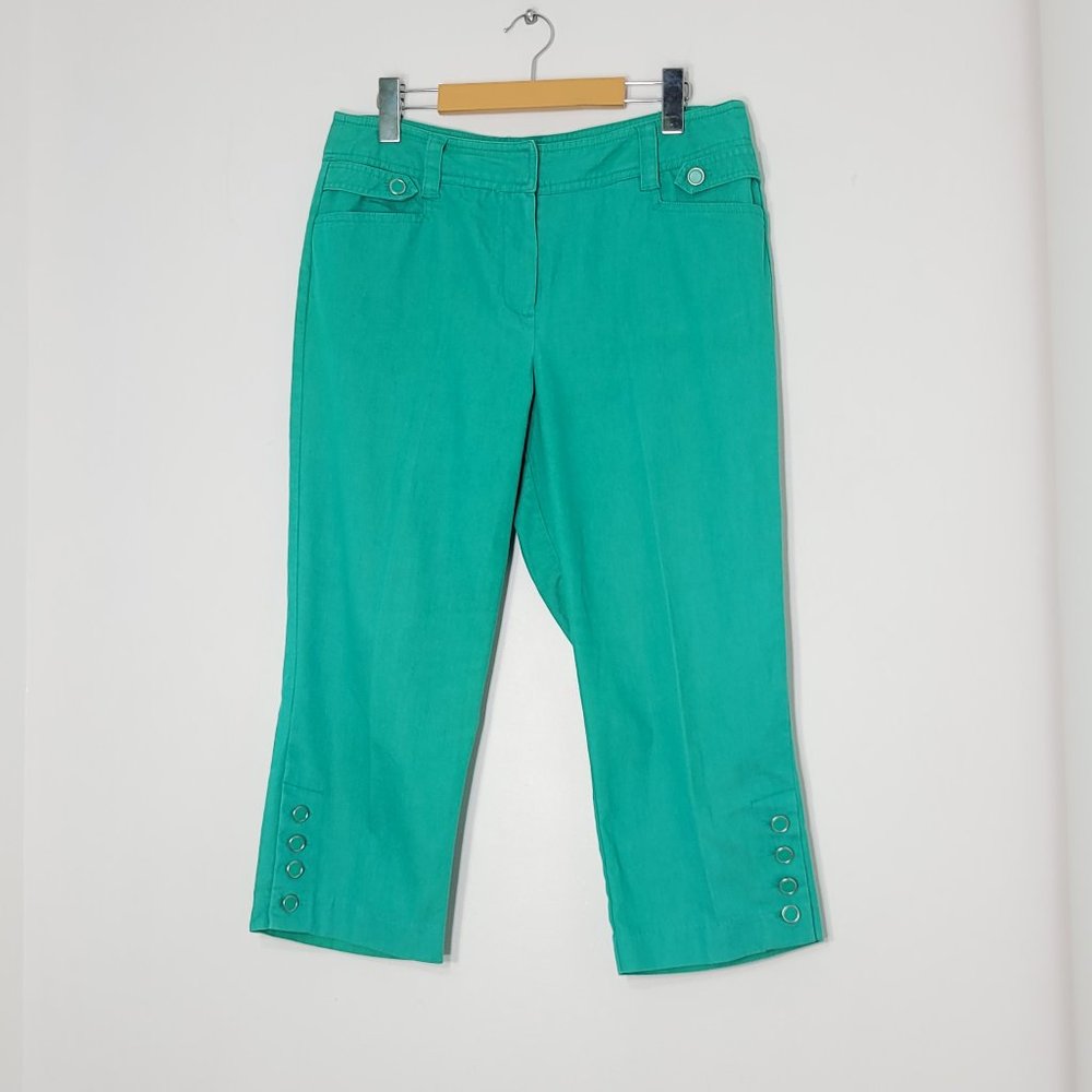 Larry Levine Women's Teal Blue Mid-Rise Chopped Capri Pants With Pockets Size 10